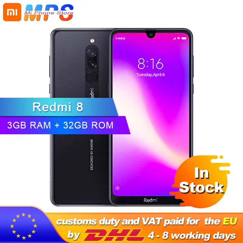 Мобильный телефон Xiaomi Redmi 8 с глобальной прошивкой, 3 ГБ, 32 ГБ, Восьмиядерный процессор Snapdragon 439, 12 МП, двойная камера, 5000 мАч