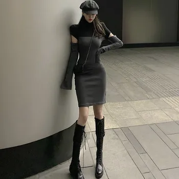 

Casual Patchwork Dress New Fashion Autumn Winter Turtleneck Long Sleeve Mini Dress femme Vestidos