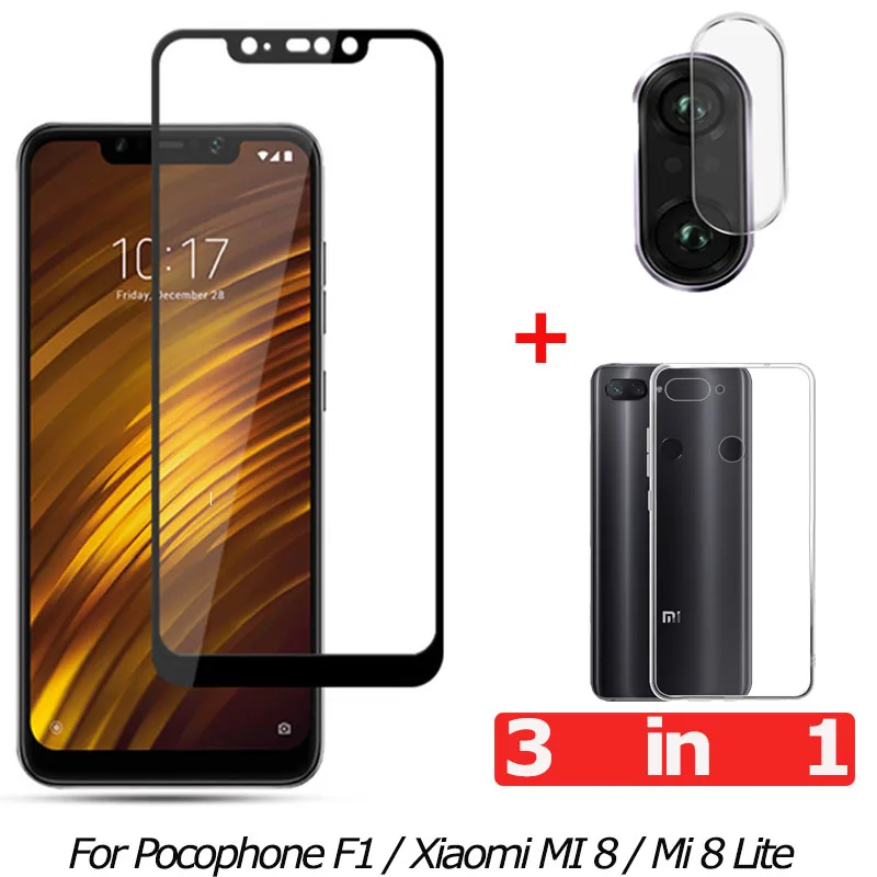 3 в 1 закаленное cтекло Pocophone F1 Xiaomi Mi 8 Lite kамера Mi8 защитное стекло на Покофон Ф1