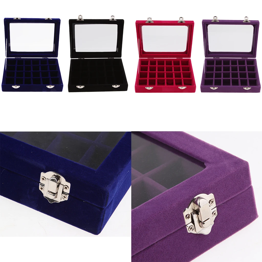 Clear Glass Lid Jewelry Tray 24 Grid Earring Ring Display Storage Box Showcase