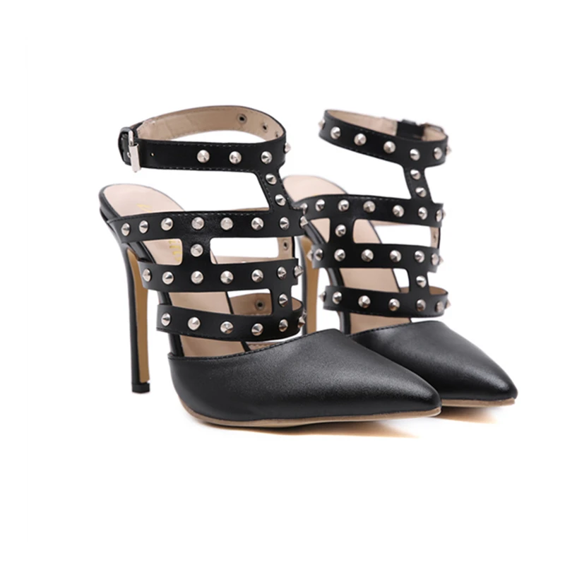 

2020 New Summer Fashion Roman Pointed Rivet Women's Shoes Hollow Fine Heel Large Size High Heel 12cm Sexy Women's Sandals