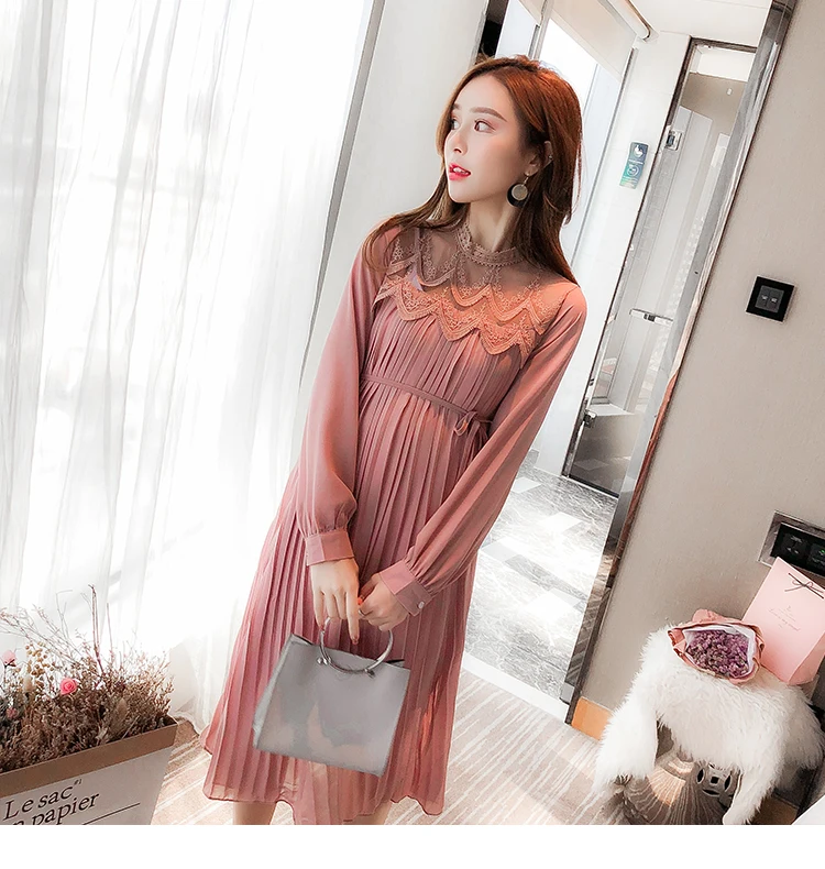 Envsoll Spring Autumn Maternity Dress Mom Long-sleeved Lace Pleated Chiffon Dress Maternity Clothes For Pregnant Women