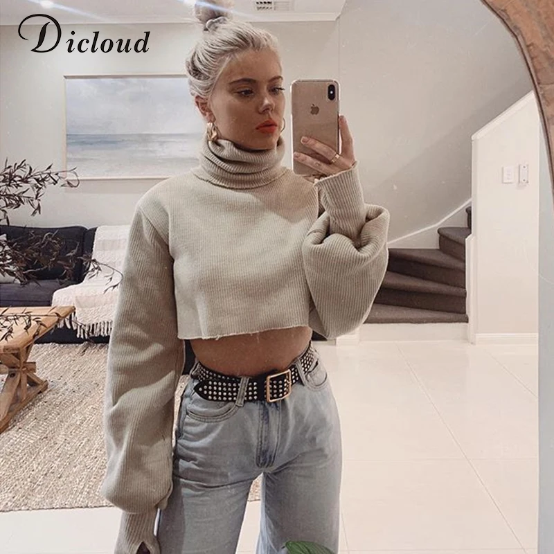 

DICLOUD Turtleneck Women Cropped Sweater Winter Oversize Long Sleeve Warm Knitted Pullovers 2019 Fashion Streetwear