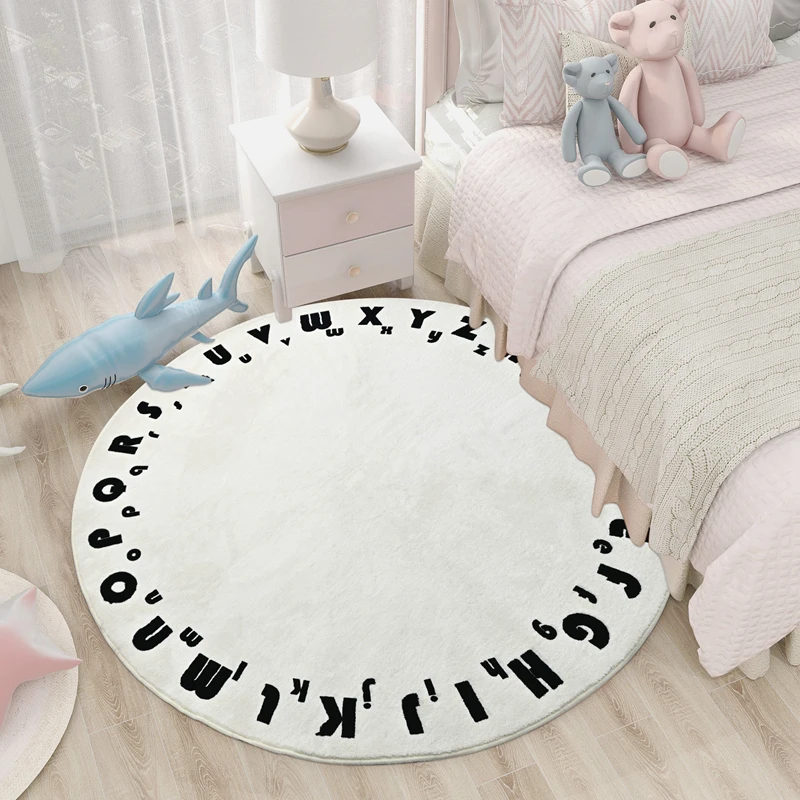 White Round Carpet Letter Printed Rug Plush 26 Alphabets Kids Play Mats