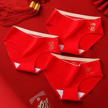 

1 PCS 12 Styles Women Red Series The Chinese Zodiac No Trace Mid-Rise Cotton Briefs Underwear Panties For Girls