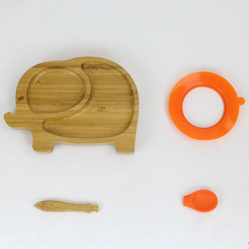 Вилка для кормления ребенка миска и ложка набор, Бамбуковая миска с защитой от проливания, оставаться положить всасывающее кольцо - Цвет: OrangePlate andSpoon