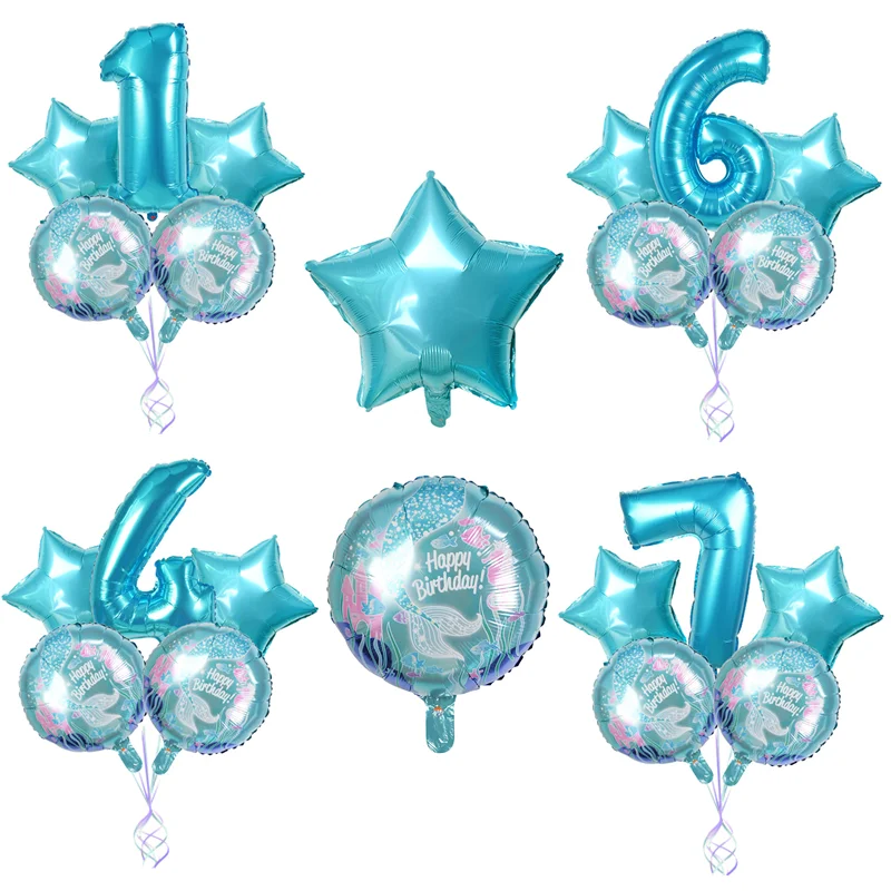 Mermaid Theme Party Decor 32inch Blue 0-9 Numbers Balloon Mermaid Printed Foil Balloons Kid Birthday Banner Baby Shower Supplies