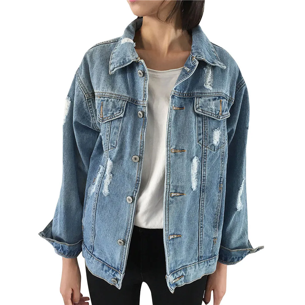 Женские джинсовые куртки в стиле ретро с отложным воротником, джинсовая куртка, Свободное пальто оверсайз, мотоциклетный панк, рваный жакет Женская верхняя одежда - Цвет: Синий
