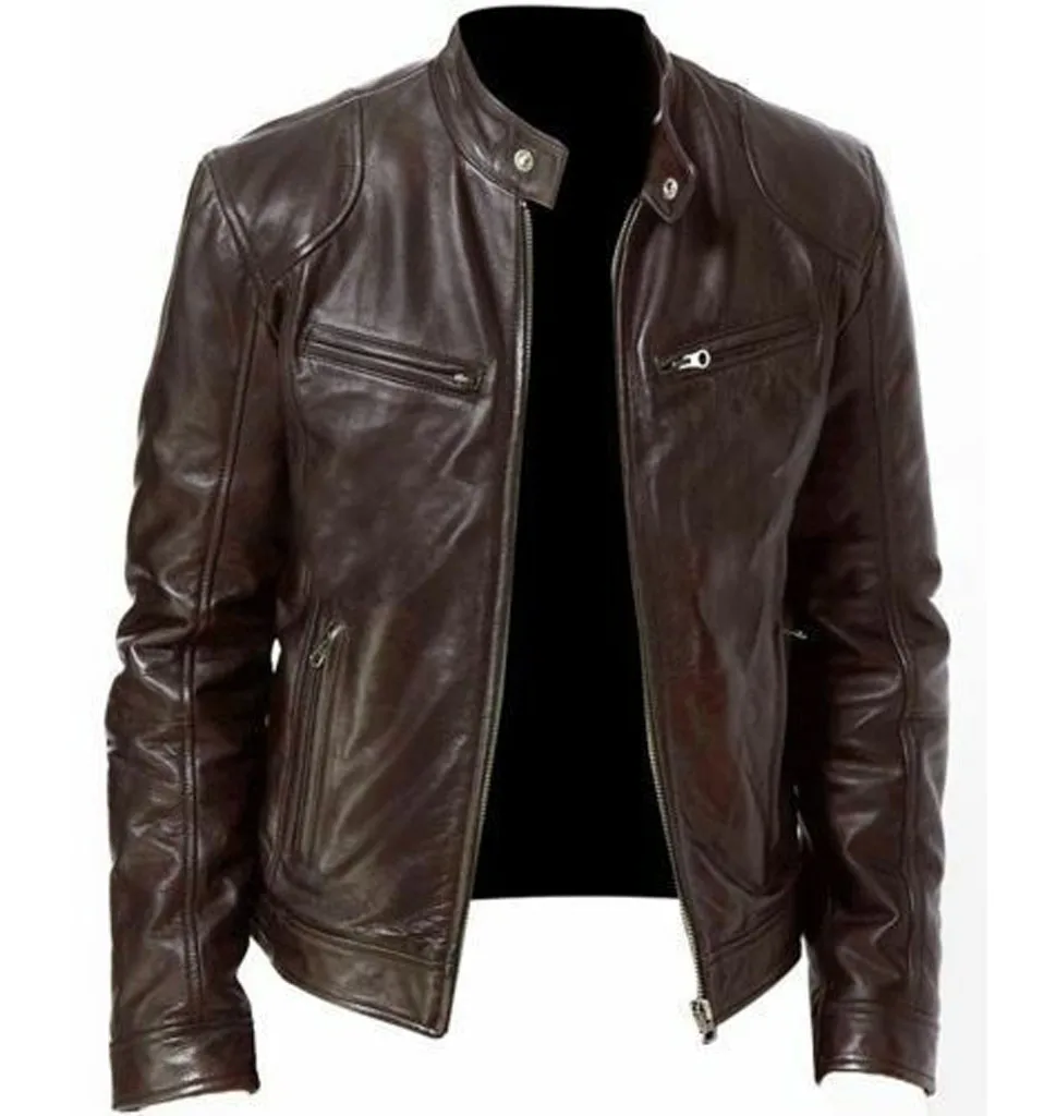 Новая однотонная мужская черная кожаная куртка с длинным рукавом и стоячим воротником, винтажное крутое пальто, Клубное пальто, зимняя мужская куртка на молнии, приталенная куртка