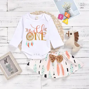 

2019 Spring Autumn Baby Girls cotton Long Sleeve Romper + Dress with bow 2PC outfits wild one printed Children clothes set