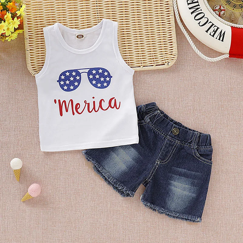 

2Pcs/Set Summer Children Baby Boys Casual Sleeveless Cartoon Print Vest Tops+Denim Shorts Suits