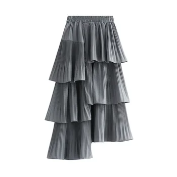 

Asymmetrical Pleated Cake Skirts Women's Solid Mid-length Sexy Irregular Patchwork Skirt