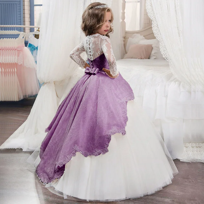 Кружевное платье для девочек свадебное вечернее платье для девочек вечерние зимние кружевные платья принцессы с длинными рукавами для девочек от 4 до 12 лет - Цвет: Purple