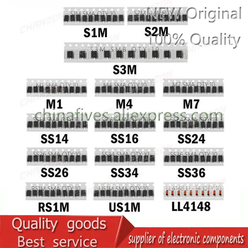 SMD диод Diodo de Comutacao Rapida Ассорти Комплект(M1 M4 M7 S1M S2M S3M SS14 SS16 SS24 SS26 SS34 SS36 RS1M US1M LL4148
