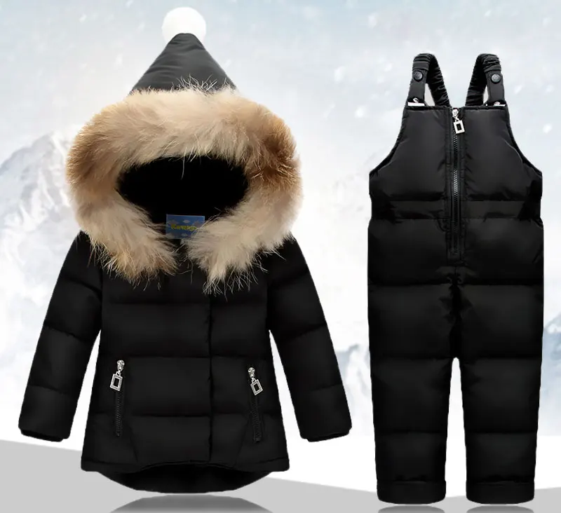 Коллекция года, комплекты зимней одежды для детей комбинезон, зимние куртки+ комбинезон, комплект из 2 предметов, пуховое пальто для маленьких мальчиков и девочек, куртка с меховым капюшоном