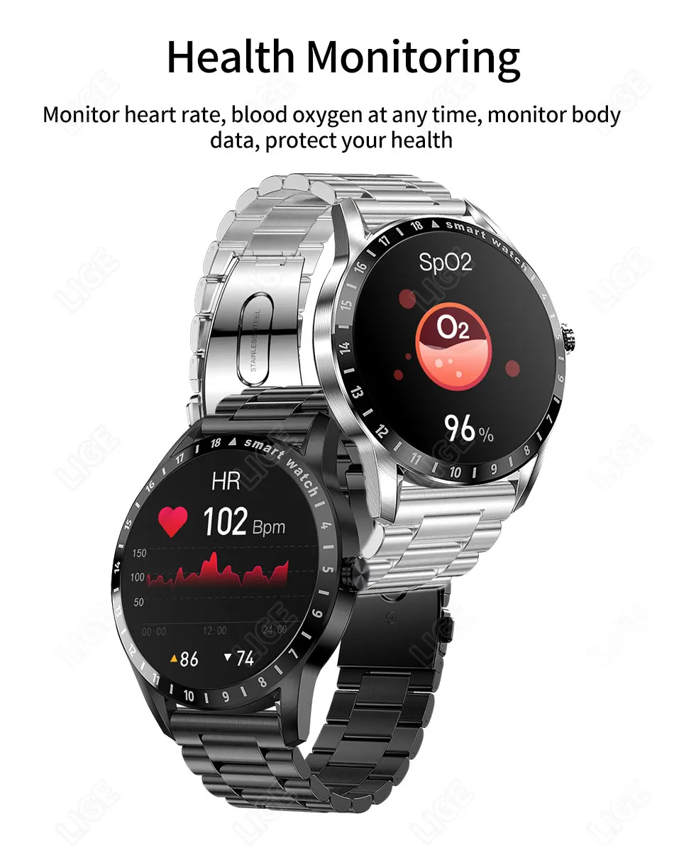 LIGE 2022 New Full Touch Round AMOLED Screen Smart Watch Men Sport Fitness IP68 Waterproof Mens Bluetooth Smartwatch Android iOS