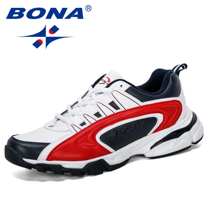 White deep blue red BONA/Брендовые мужские кроссовки из микрофибры с низким верхом; Мужская Спортивная обувь; удобные нескользящие повседневные спортивные кроссовки - Цвет: White deep blue red