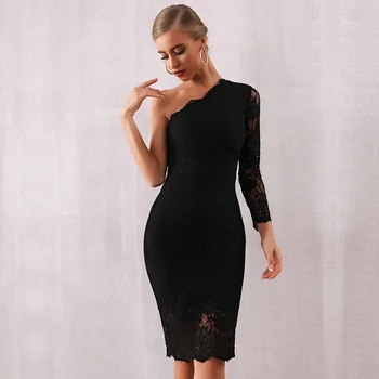 

One Shoulder Knee Length Little Black Lace Formal Evening Wear Cocktail Dress with Sleeve