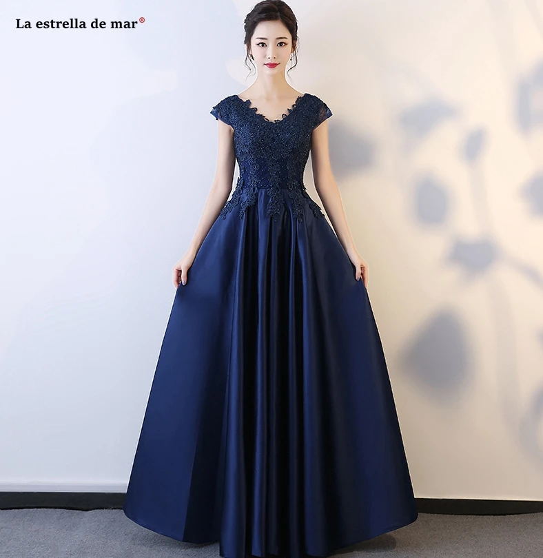 Vestido de festa para casamento Новое Кружевное атласное сексуальное платье трапециевидной формы с v-образным вырезом темно-синего цвета для подружки невесты длинное платье demoiseur d'honneur