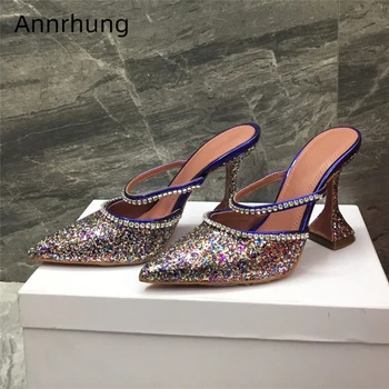 

Iridescent Sequins Runway Mules Individual Goblet Heel Pointed Toes Jeweled Rhinestone Sequined Cloth Party Slippers Women