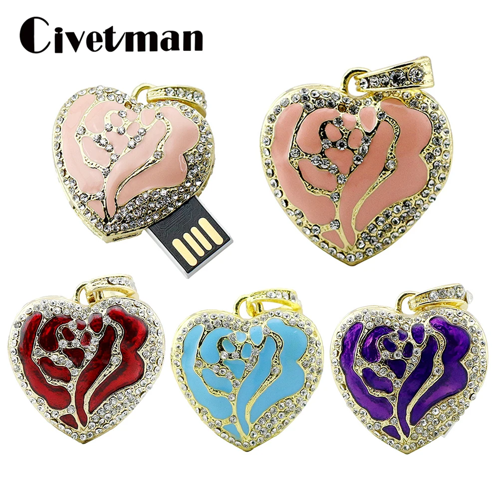 Модные ювелирные изделия USB флеш накопитель с кристаллами в форме сердца 4 ГБ 8 16 32 64 128 256 карта памяти диск