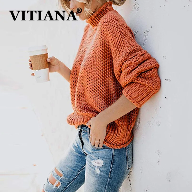 VITIANA 2019 Autumn Winter Casual Knit Sweater Women Long Sleeve Turtleneck Pullovers Loose Solid Coat Fashion Sweaters Clothes