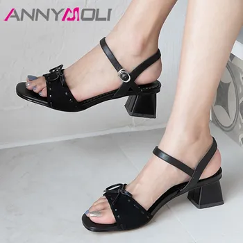 

ANNYMOLI Natural Genuine Leather Med Heels Woman Sandals Bow Square Toe Block Heel Shoes Buckle Strap Ladies Sandals Black 33-40