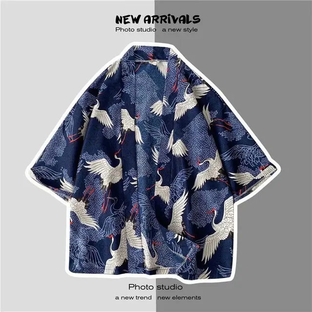 V-hanver Kimono Man Japanse Kleding Yukata Mannelijke Samurai Kostuum Haori Obi Strand Mannen Kimono Vest Japanse Streetwear Jas 1965-Deep Blue
