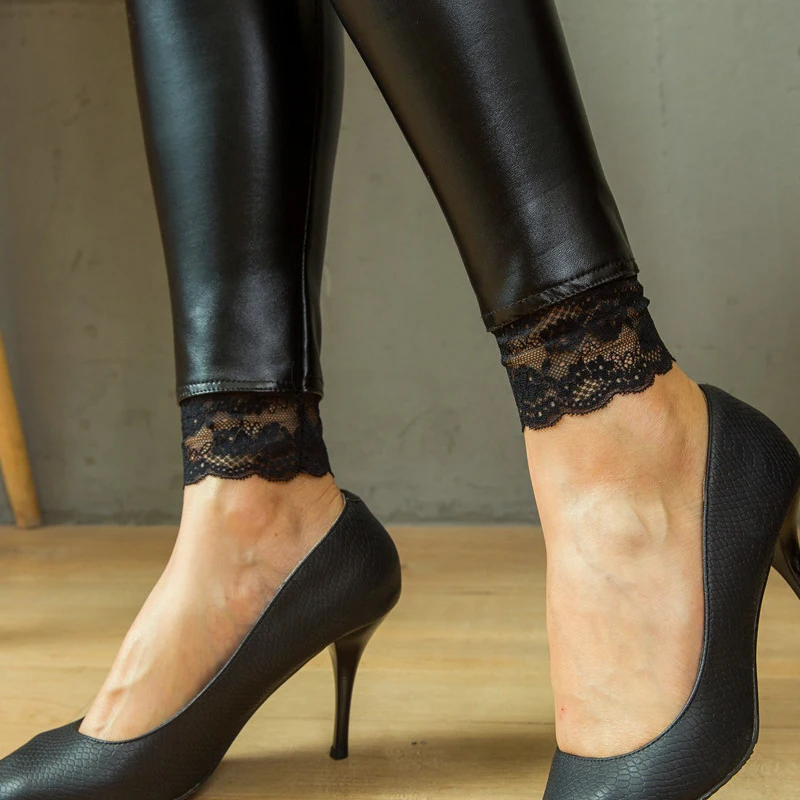 Облегающие брюки из искусственной кожи женские кружевные карандаш леггинсы с