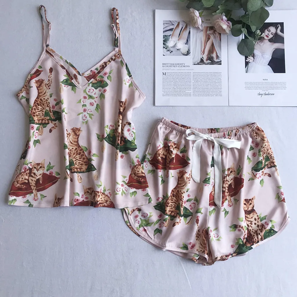 Сексуальные женские Пижамные шорты на бретельках, пижамные комплекты Pizama damска Lenceria Mujer, пижамный комплект с принтом, пижамы для женщин