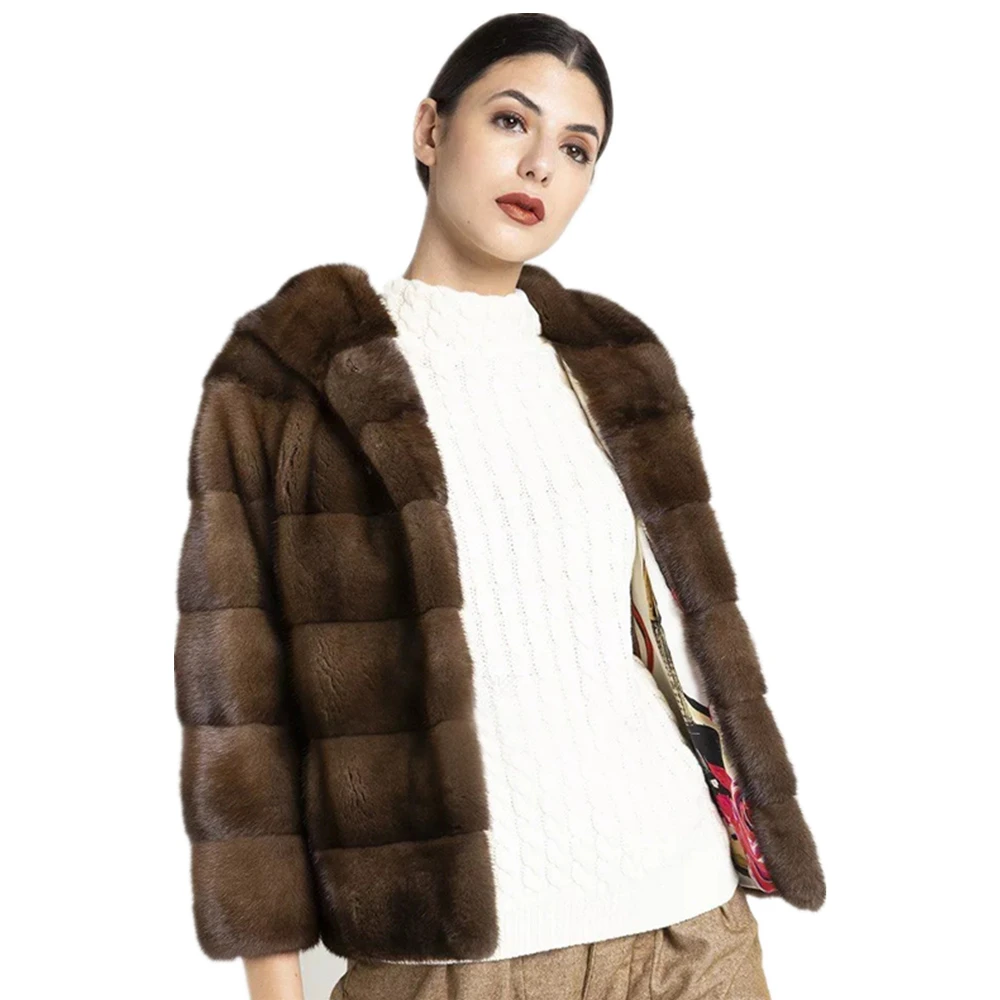 

TOPFUR 2019 Brown Fur Coat With Hooded Real Fur Coat Women Winter Natural Mink Fur Coat Short Three Quarter Sleeves Loose Jacket