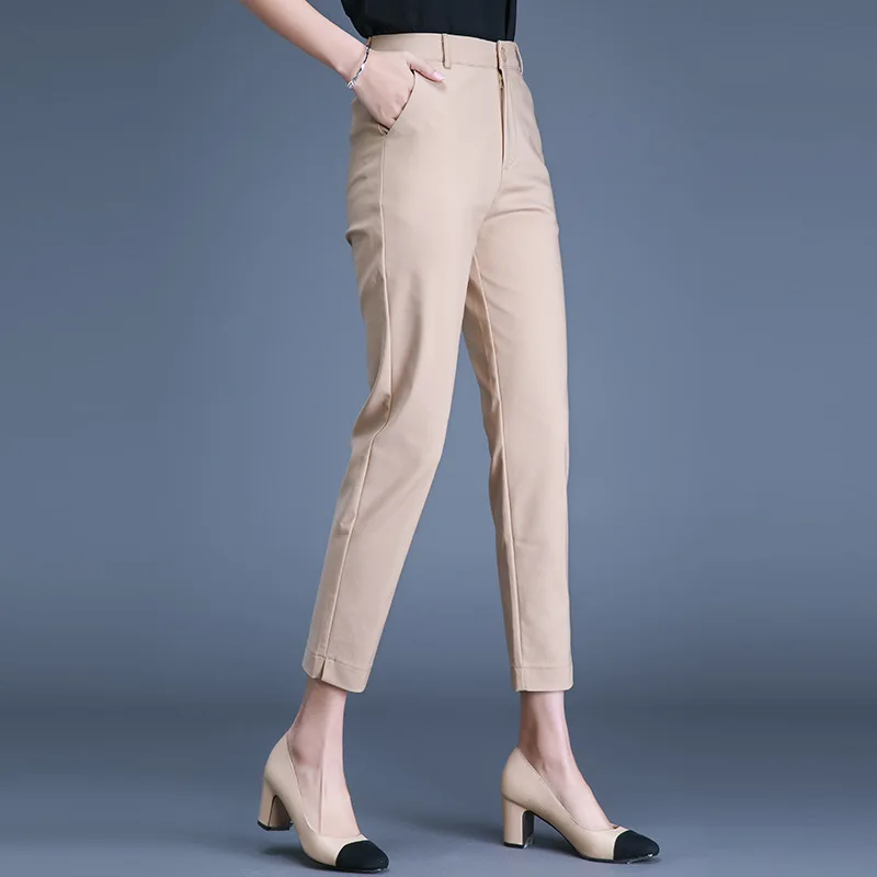 High Waist Women's Pants  Work Wear Office Elegant Harem Ankle-Length  Pants Female High Quality Gray Casual Pants Trousers casual elastic high waist jogger jeans women streetwear drawstring banded harem vaqueros ankle length wash baggy denim pants