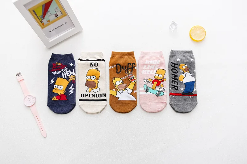5 пар/лот, модные милые носки с героями мультфильма Симпсоны, носки-башмачки, смешная собака, кот, kawaii, животные, женские короткие носки, короткие носки для счастливой девочки