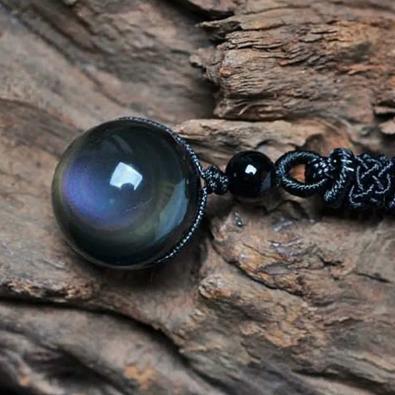 

Natural Obsidian Pendants Rainbow Eye Good Luck Bead Pendant Woman Long Chain Necklaces Knitted Harajuku Necklace Crystal Ball