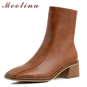 

Meotina Short Boots Women Shoes Real Leather High Heel Ankle Boots Square Toe Block Heels Zip Lady Boots Autumn Winter Brown 40