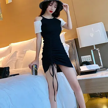 

Fashion Women Dress Long-sleeved Drawstring Dress Sexy Strapless Short-sleeved Dress