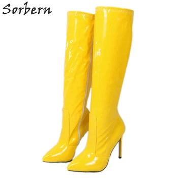 

Sorbern Yellow Patent Knee High Women Boots 12Cm Stilettos Custom Thigh Heels Wide Calf Fit Lady Booties Fetish Heels 2019 New