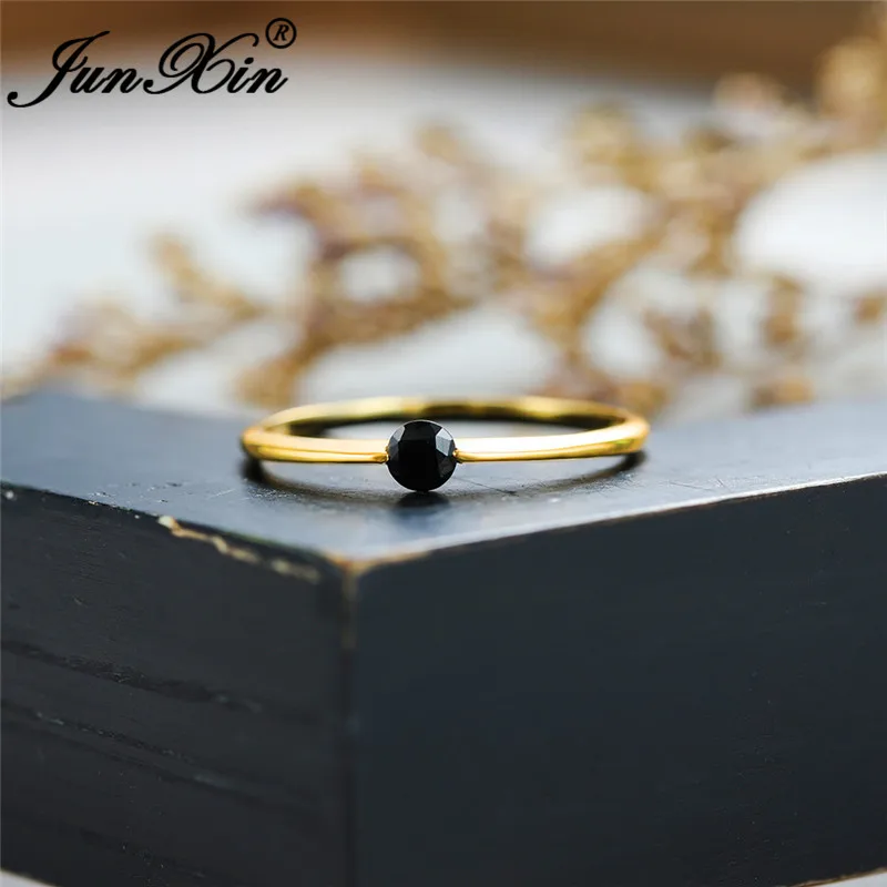 Black Ring Кольцо из стерлингового серебра 925 с камнем, синий, красный, черный циркон, минималистичные тонкие кольца для женщин, обручальные кольца, ювелирные изделия из желтого золота - Цвет основного камня: Black Ring