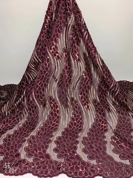 

New 2020 Wine Sequins Lace Fabric High Quality African French Tulle Lace Fabric Embroidery For Sequins Lace Nigeria Party Dress