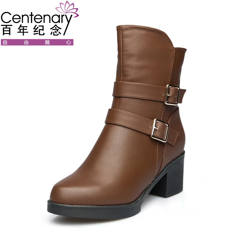 

Centennial 1337 Metal Buckle with round-Toe Boots Chunky Heel Side Zipper WOMEN'S Boots Waterproof Platform WOMEN'S Shoes