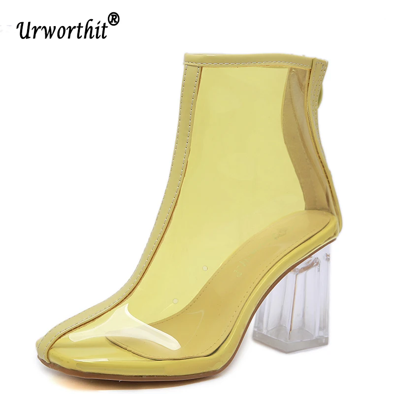 

2019 Summer Fashion Women Lime Green Orange PVC Heels Sandals Boots Fall Perspex Block High Heels Ankle Boots Sandals Lady Shoes