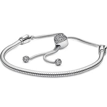 

New 925 Sterling Silver Bracelet Moments Pave Heart Clasp Snake Chain Slider Bracelet Bangle Fit Bead Charm Diy Pandora Jewelry