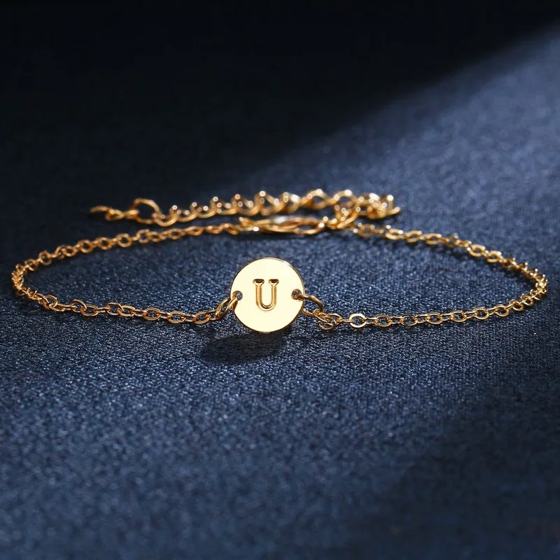 Простой дизайн, A-Z, с буквенным принтом, браслеты с подвесками, алфавит, золотой цвет, браслет и браслет, регулируемый именной браслет, женский подарок - Окраска металла: letter U