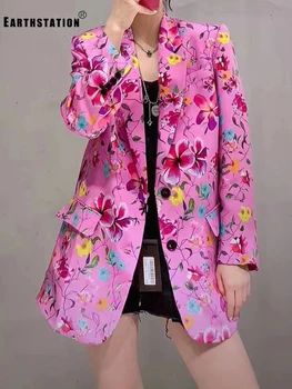 

Catwalk models pink retro printing loose lapel suit jacket women summer new fashion personality wild thin section tops
