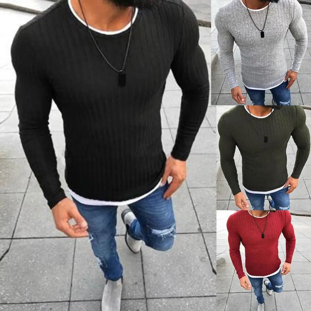 Jersey de punto de manga larga para hombre, jersey de Color liso con cuello redondo, ropa fina y ajustada para invierno, 2020