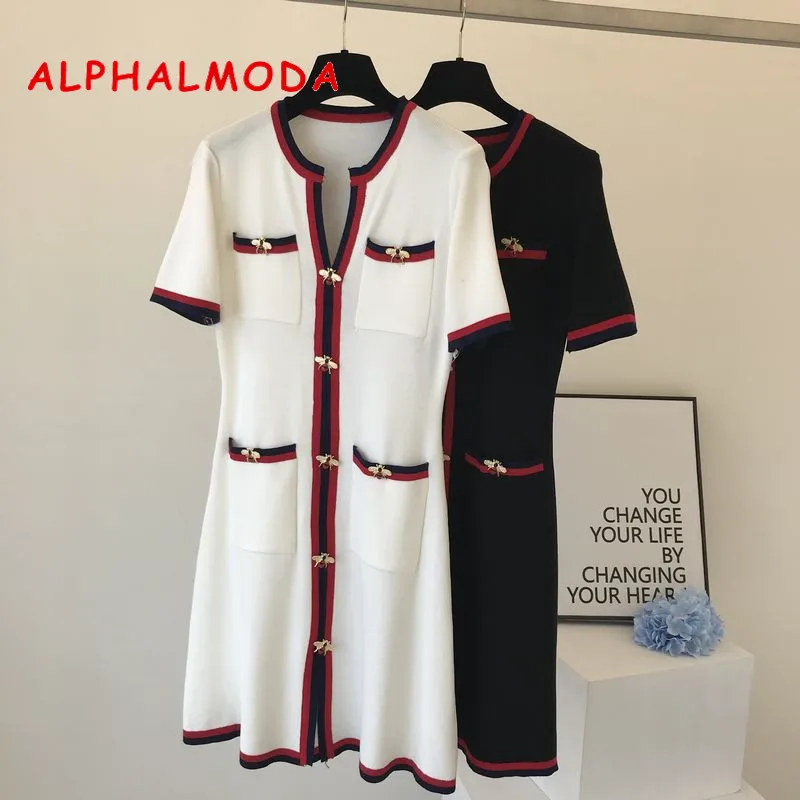 ALPHALMODA мода пчелы полосатый дамы элегантный короткий рукав вязание платье