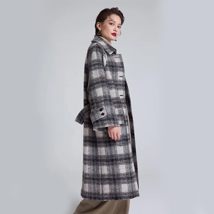 

LIJS Vintage Plaid Long Wool Coat Women Winter New 2019 Fashion Long Sleeve Warm Blend Overcoat Elegant Casual Loose Outerwear