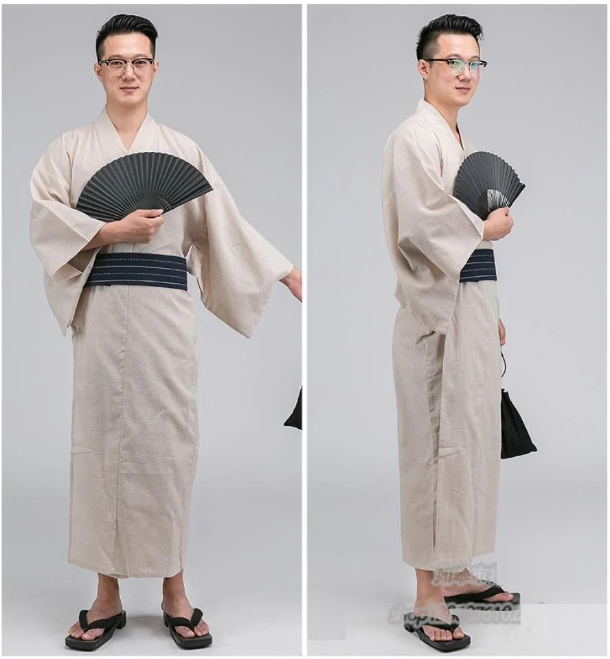 Men Kimono Bathrobe Yukata Long Pajamas Cotton Robe Breathable Summer Japanese Style Household