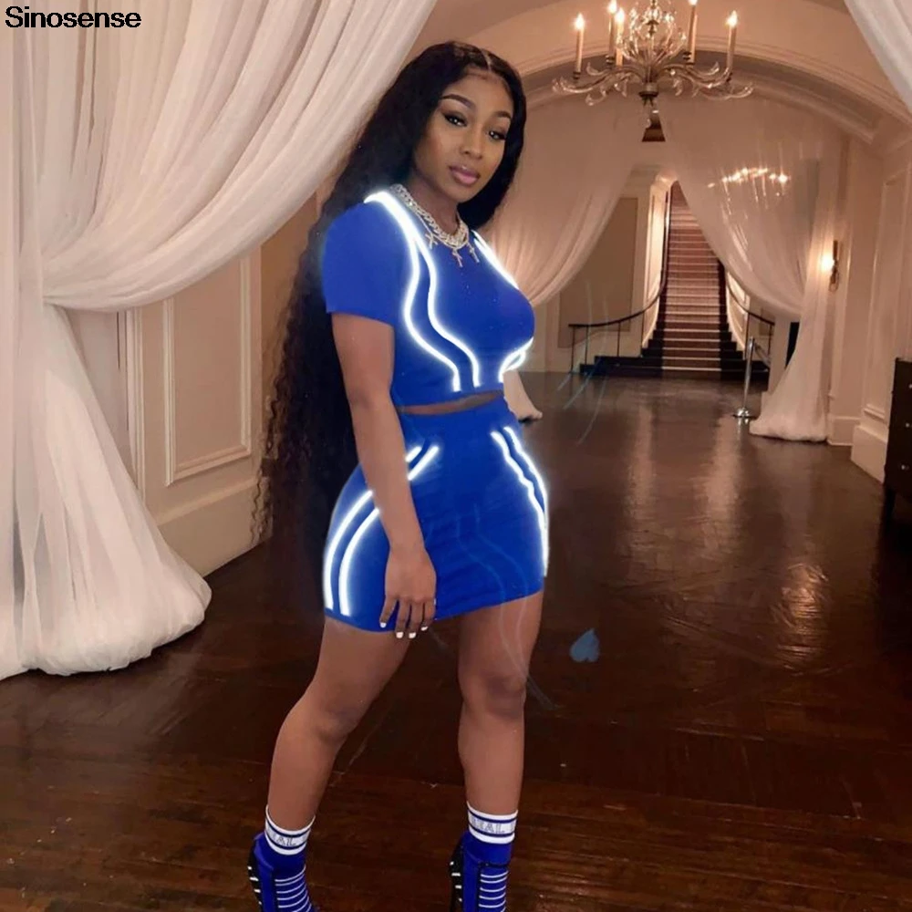 

Solid Blue Black Two Piece Skirt Set 2019 Crop Top+Mini Skirts Sets Women Reflective Striped Two Piece Set Casual Summer Outfits