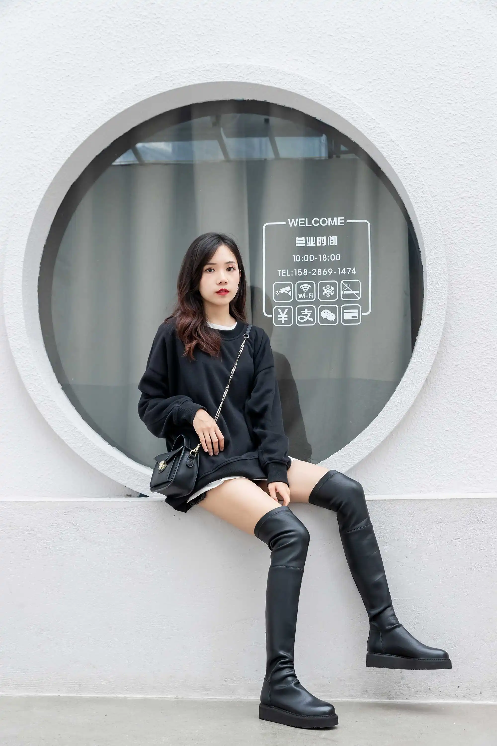 Krazing Pot Internet star streetwear stretch boots round toe med heels black colors daily wear women warm thigh high boots L9f2